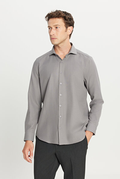 AC&Co / Altınyıldız Classics Erkek Gri Tailored Slim Fit Dar Kesim Küçük İtalyan Yaka Armürlü Oxford Gömlek