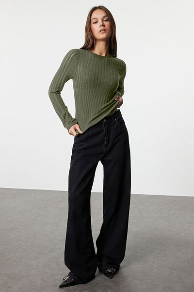 Trendyol Collection Khaki Transparent Knitwear Look Fabric Regular Size Crew Neck Knitted Blouse Twoaw24Bz00094