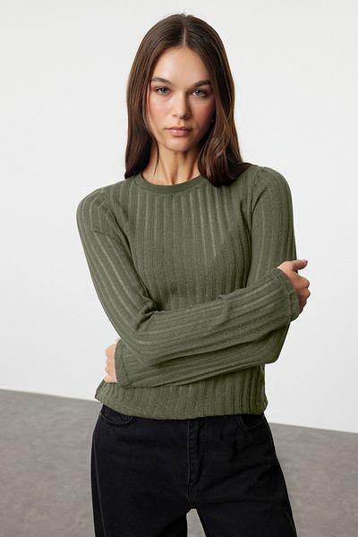 Trendyol Collection Khaki Transparent Knitwear Look Fabric Regular Size Crew Neck Knitted Blouse Twoaw24Bz00094