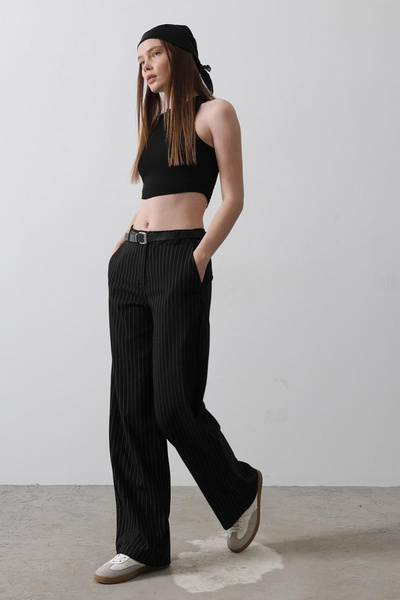 Trendyol Collection Black Belted Striped Wide Leg/Wide Leg Pants Twoaw26Pl00108