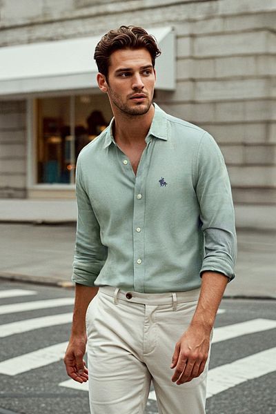 Trendyol Collection Mint Regular Fit Embroidery Detailed Oxford Easy-Iron Smart Shirt Tmnaw25Go00036