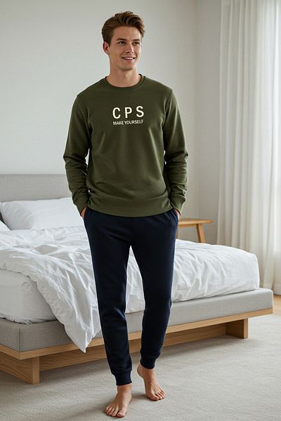 Trendyol Collection Khaki Men's Printed Knitted Pajamas Set - Regular Fit TMNAW22PT0505