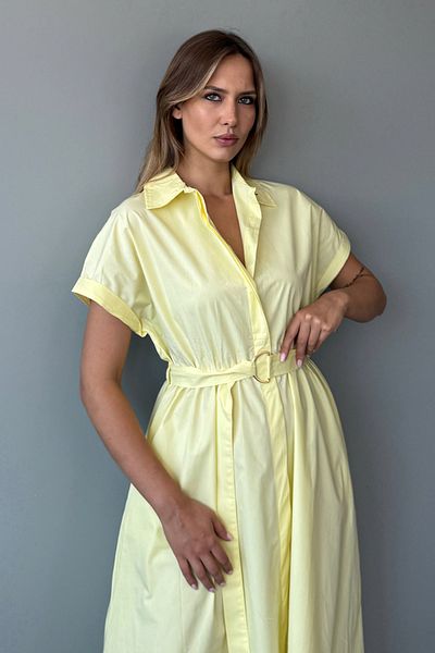 Trendyol Collection Light Yellow Belted Midi Poplin Woven Dress Twoss25El00921