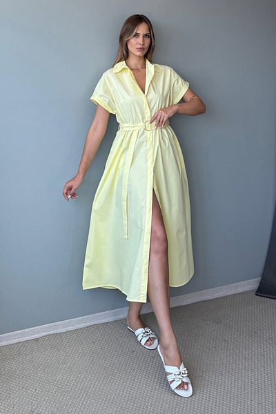 Trendyol Collection Light Yellow Belted Midi Poplin Woven Dress Twoss25El00921