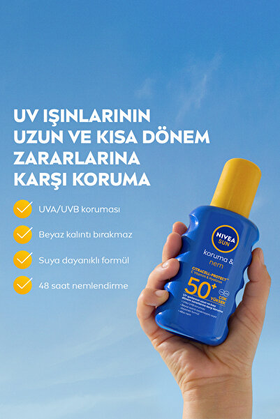 NIVEA SUN SPF50 Yüksek Güneş Koruyucu ve Nemlendirici Vücut Spreyi 200ml, Suya Dayanıklı, Çanta Hediyeli