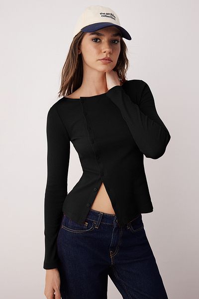 Trendyol Collection Black Button Crew Neck Bodycon Ribbed Stretchy Knitted Blouse Twoaw26Bz00104
