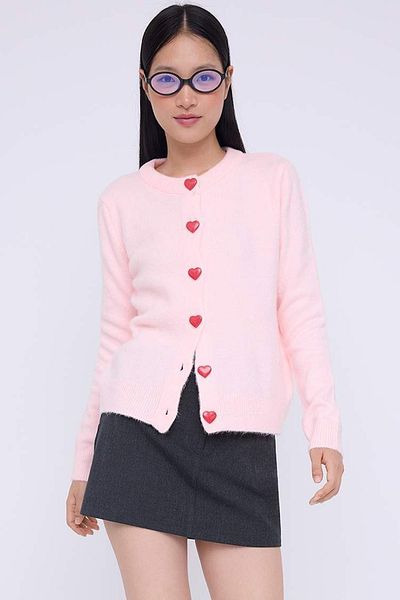 Trendyol Collection Teen Pink Soft Textured Heart Button Knitwear Cardigan Twoaw26Hi00174