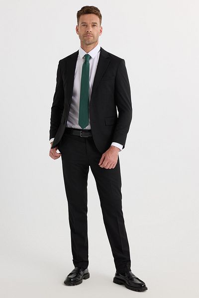 Tudors Men's Regular Fit Black Stretchy Lycra Fabric Mono Collar Suit with Flap Pockets