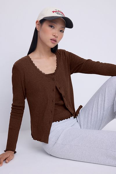 Trendyol Collection Brown 2-Piece Fitted/Slim Fit Button Detail Ribbed Stretch Knit Blouse Twoaw26Bz00109