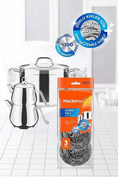 MACRO MAX Stainless Steel Scrubbing Wire 3-Piece, Anti-Scratch Dishwashing Wire for Pots and Grills