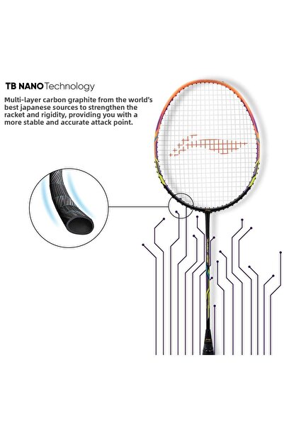 Li-Ning مضرب تنس الريشة Turbo 99 من ألياف الكربون (84 جرامًا) مع غطاء - أسود/ليموني/برتقالي، شد - 30 رطلاً