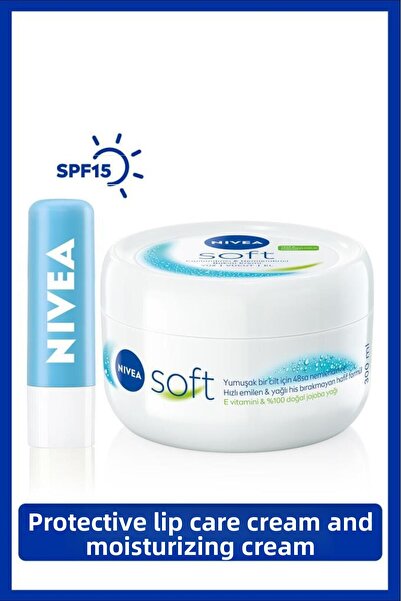 NIVEA 300ml Soft Moisturizing Body Cream & Hydro Care Colorless Lip Care Crea...