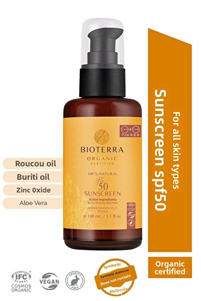 Bioterra واقي شمسي عضوي بعامل حماية من الشمس SPF 50، 100 مل لجميع أنواع البشرة