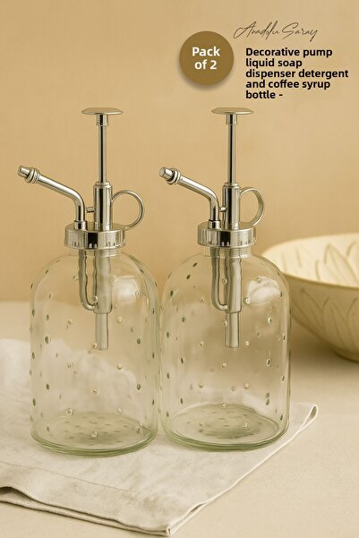 Anadolu Saray Transparent Glass Decorative Pump Liquid Soap Dispenser Detergent Dispenser and Coffee Syrup Bottle - 2 Pcs