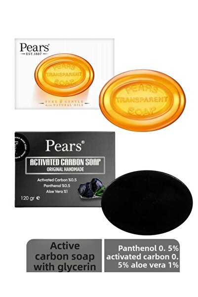 Pears صابون أصلي نقي وناعم 100 جرام + صابون الكربون المنشط بالجلسرين 120 جرام