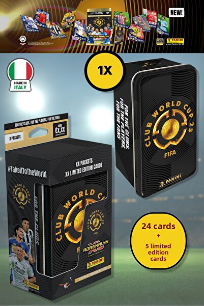 TOYFEST علبة معدنية من بطاقات لاعبي كرة القدم بانيني كلوب لكأس العالم 25 (24 بطاقة + 5 بطاقات ذات إصدار محدود)
