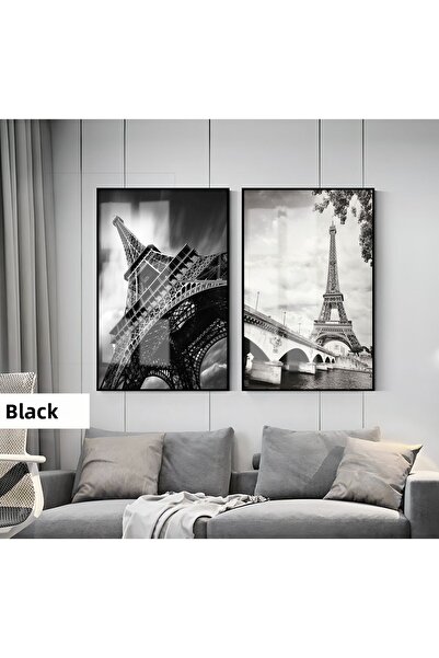 Harikabirev HARİKABİREV | SET NEGRU&ALB COMBINAT MODERN TURNUL EIFFEL | TABLO DE STICLA CU CADRU 2 PIESE VERTICAL