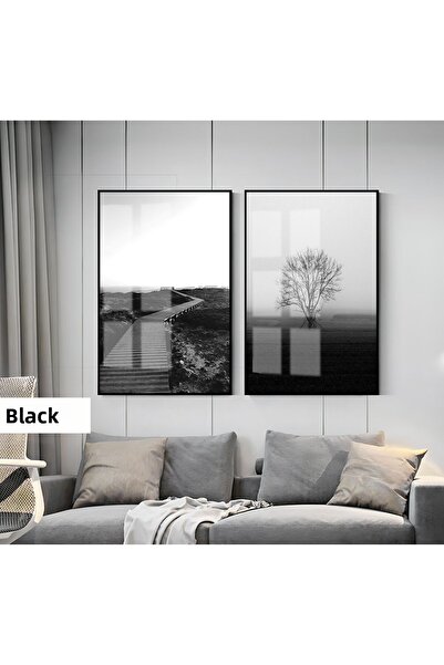 Harikabirev HARİKABİREV | SET NEGRU&ALB COMBINAT NATURAL MODERN | TABLO DE STICLA CU CADRU 2 PIESE VERTICAL