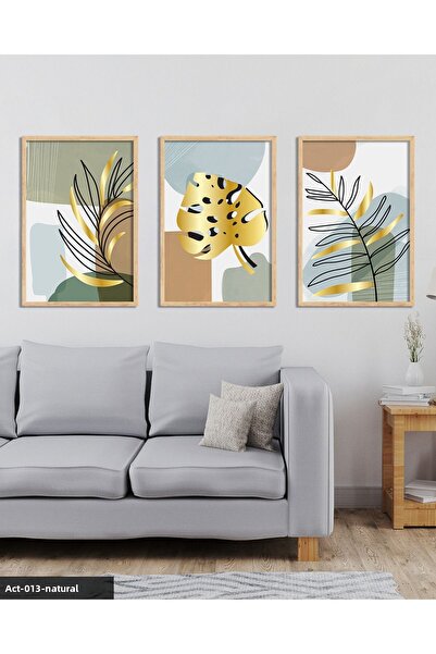 Evinemoda Gold, White, Feather, Leaf, 3 Piece Wooden Framed Painting Act