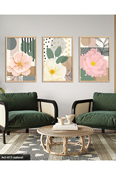 Evinemoda Pink Flower 3 Piece Wooden Framed Painting Act