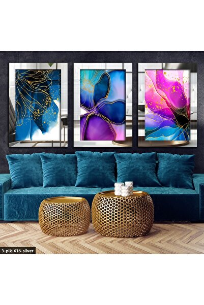 Evinemoda Colorful Flowers Gold Glitter Silver Frame 3 Piece Plexiglass Mirro...