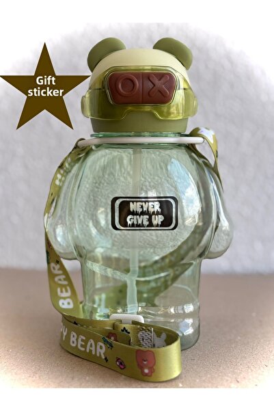 ALİA HOME Green Teddy Bear Figured Children's Water Bottle – 1000 ml Bpa-Free Water Bottle with Straw “Never Give Up”