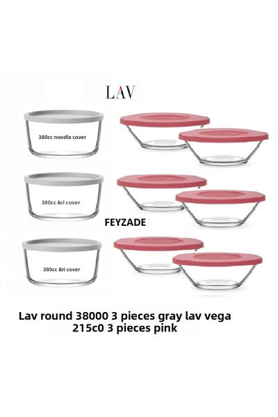 LAV Feyzade Round 380Cc Storage Container Set 3 Pcs Gray Lid - Vega 215Cc Storage Container Set 6 Pcs