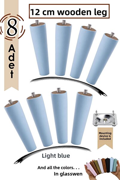 GLASWEN 8 bucăți picioare din lemn 12 cm albastru deschis cu dispozitive de fixare cu șuruburi M8 pentru mobilier scaun canapea picior de susținere