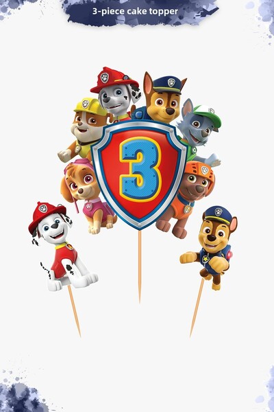 Hey Parti Paw Patrol Themed 3-Piece Cake Topper - Paw Patrol Birthday Decoration with Options for Ages 3 & 4