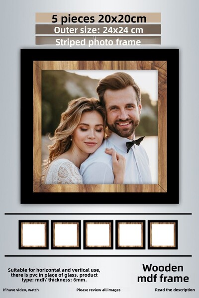 yhfoto 5 bucăți 20x20 cadru - cadru foto negru-lemn cu dungi - cadru MDF - cadru pătrat