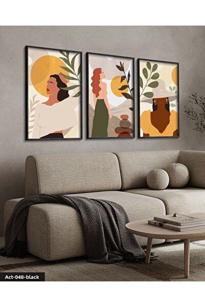 Evinemoda Boho Style Artistic Woman Portrait 3 Piece Black Wooden Framed Pain...