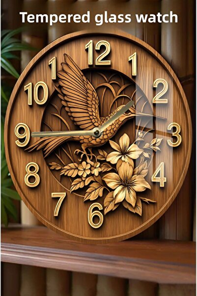 kutuTR Wood Patterned Bird and Flower Motif 3D Look Tempered Glass Clock – 33 cm Csdw179