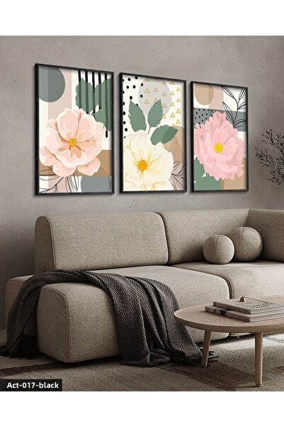 Evinemoda Ροζ Λουλούδι 3 τεμαχίων Μαύρο Ξύλινο Πλαίσιο Πίνακας ACT