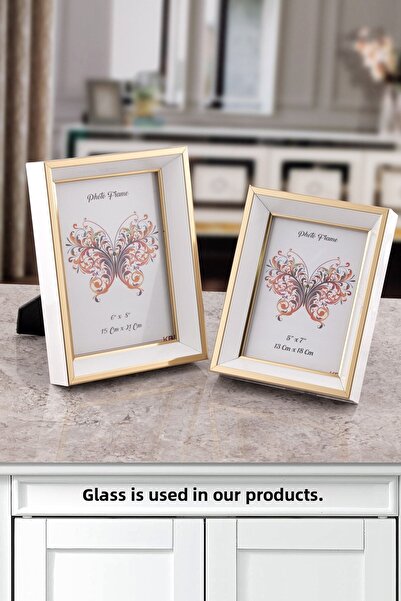 Seniste Milano Glass Decorative Picture Frame Set of 2 White-gold with Adjustable Legs - Can Be Hanged on the Wall