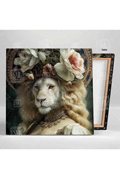 SML TABLO Pictură pătrată pe pânză cu coroană de flori albe și accesorii aurii