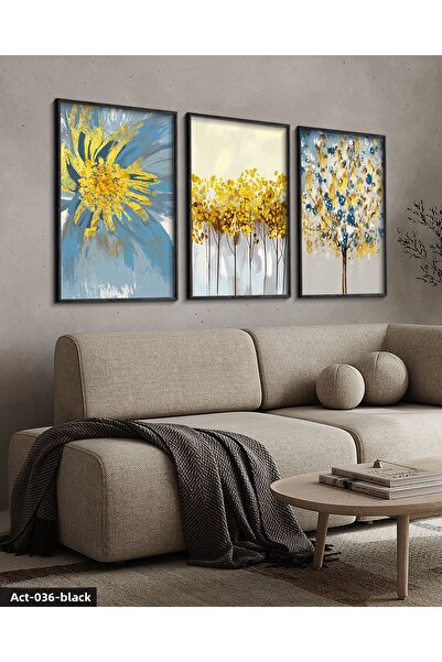 Evinemoda Blue Flower Acuarelă Aspect 3 bucăți de pictură în cadru de lemn ne...