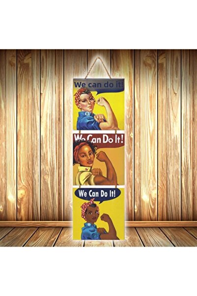 hazalshop Γυναικεία Ξύλινη Αφίσα Τριπλή Ρετρό με Σχέδιο  "We Can Do It " U547