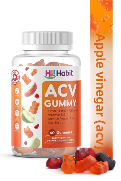 Hi Habit علكة الخل التفاح، حمض الفوليك، دعم الجهاز الهضمي والطاقة، مكمل غذائي، علكات نباتية