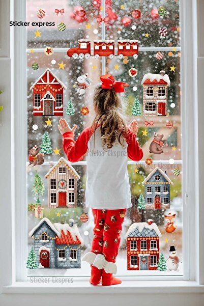 Sticker Ekspres New Year Joy in Cute Town Christmas Glass Wall Door Sticker Set