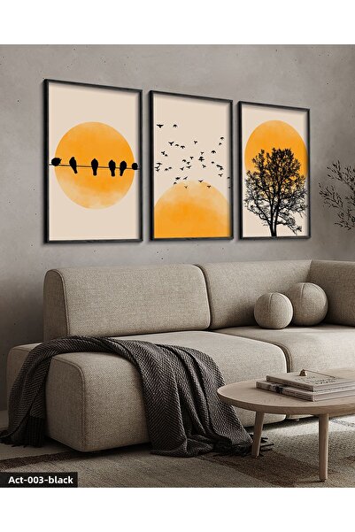 Evinemoda Abstract Nature Tree Birds Sun 3 Piece Black Wood Framed Painting Act