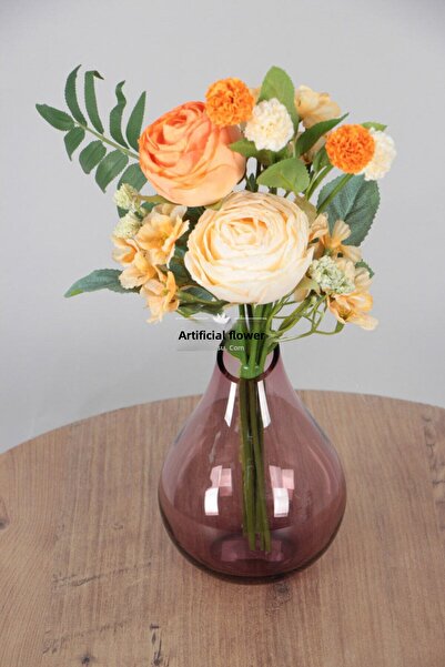 Yapay Çiçek Deposu Buchet de flori artificiale de calitate, cu gălbenele, bujor, trandafir, 40 cm, crem-portocaliu