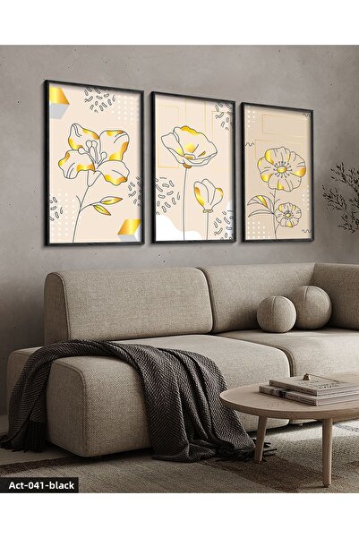 Evinemoda Drawing Flower 3 Piece Black Wooden Framed Painting Act
