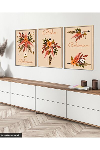 Evinemoda Boho Style, Floral, 3 Piece Wooden Framed Painting Act