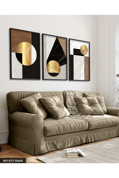 Evinemoda 3 Pieces Black Wooden Framed Painting of Gold Abstract Patterns Act