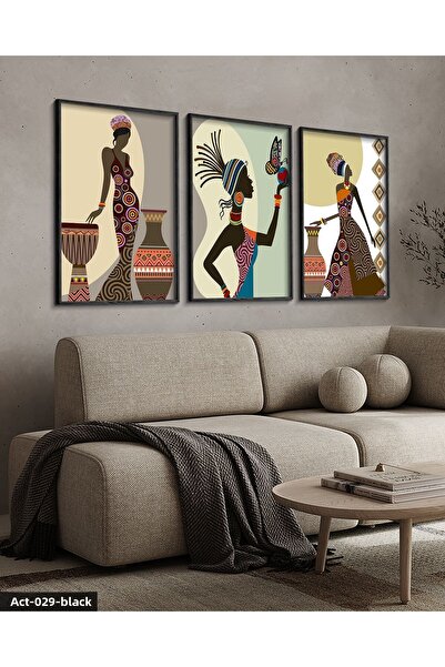 Evinemoda Ethnic African Women 3 Piece Black Wooden Framed Painting Act