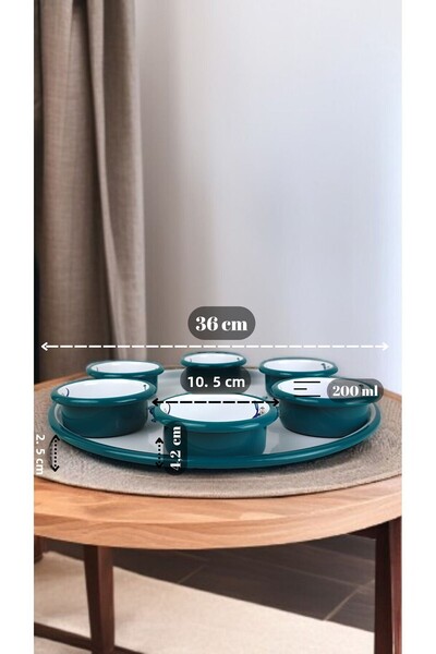 İnci Emaye 7 Piece Medium Size Patterned Enamel Breakfast Set, Presentation, Breakfast Plate, Jam Bowl, Olives, Cheese Plate