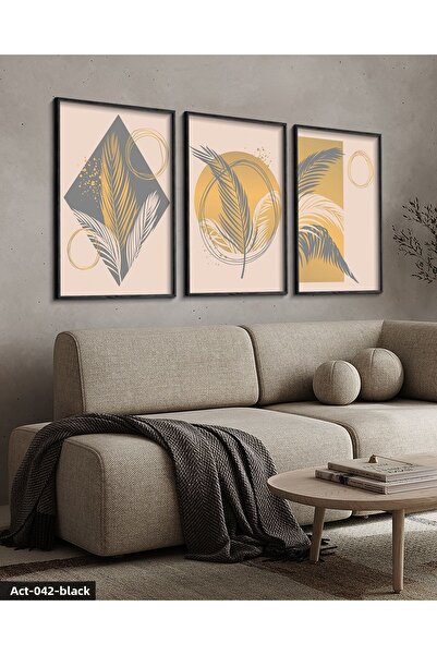 Evinemoda Artistic Feather Pattern 3 Piece Black Wooden Framed Painting Act