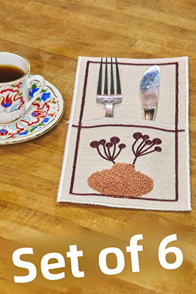 Dantelux 6-комплектен комплект за прибори от лен (24x12 см) - с кафяв мотив