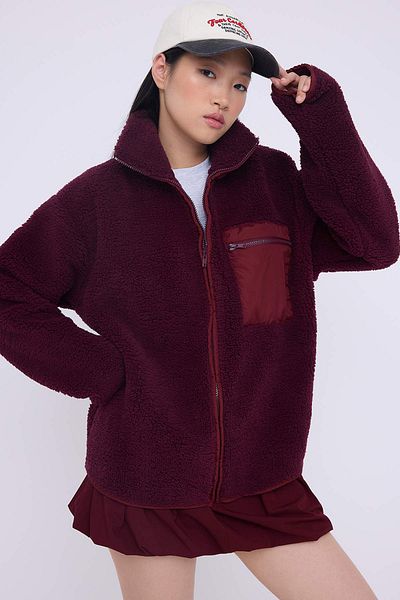 Trendyol Collection Teen Winter Essentials Plum Fleece Zip-Up Stand Collar Pocket Detail Knitted Sweatshirt Twoaw24Sw00071