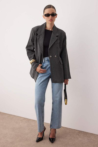 Trendyol Collection Dark Gray Diagonel Mono Closure Fitted Short Cashmere Coat Twoaw26Kb00036